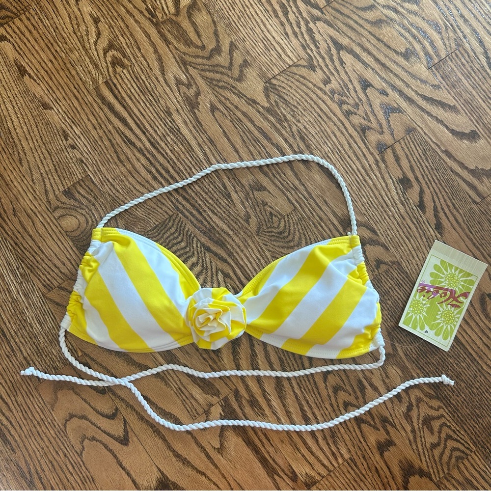 Hobie yellow and white striped halter bandeau bikini top NWT $34 medium rope tie